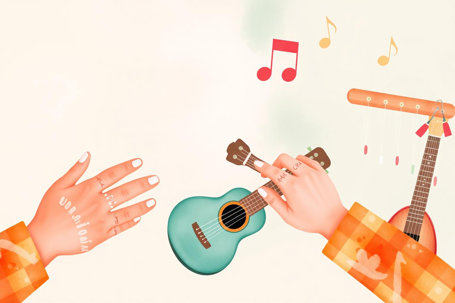 Hands playing a ukulele and chimes — joyful music therapy illustration