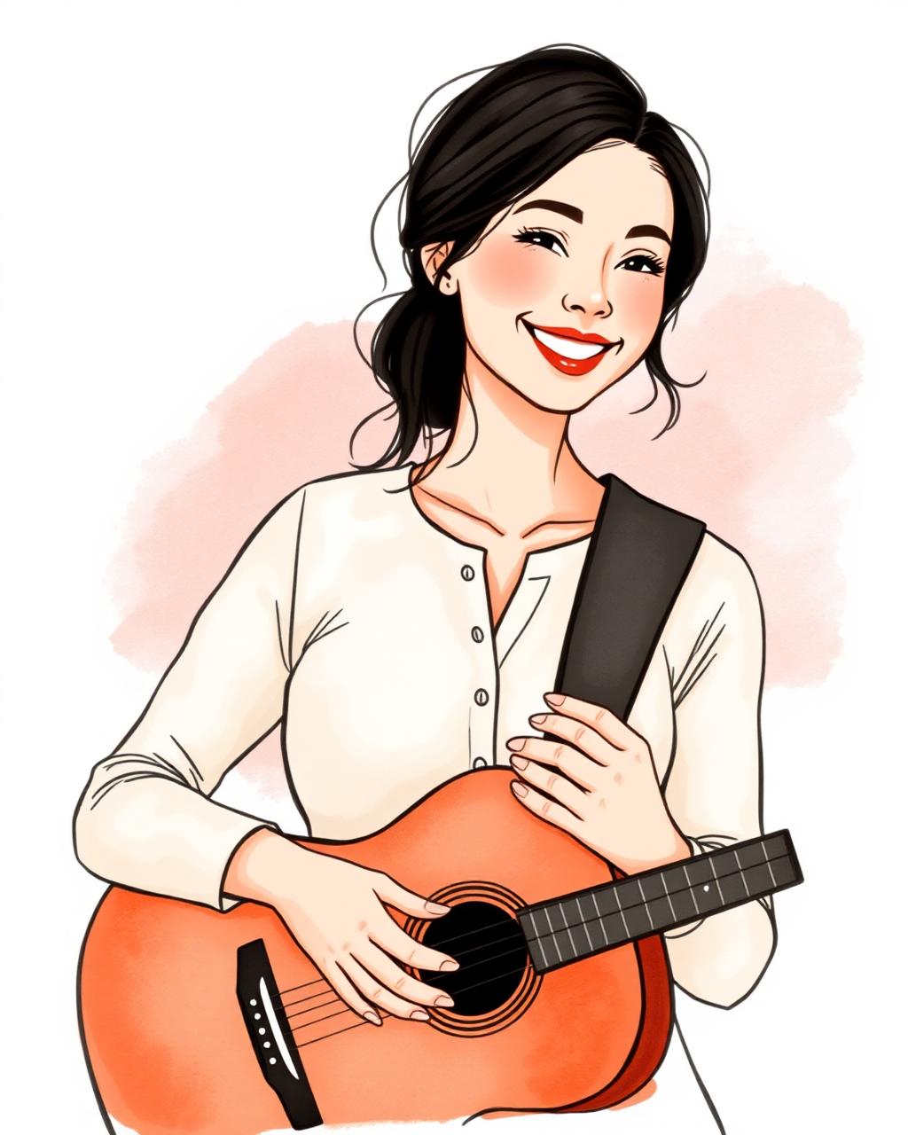 Illustrated portrait of Laura Theismann holding a guitar